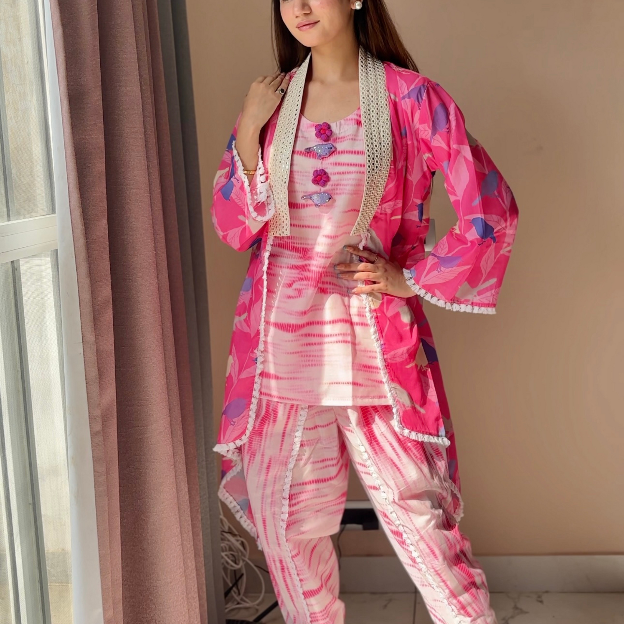 Pinkie Affaire Cotton 3 Piece Kurta & Jacket Set