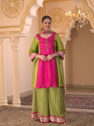 Henna Green & Pink Hand Embroidered Silk Suit set