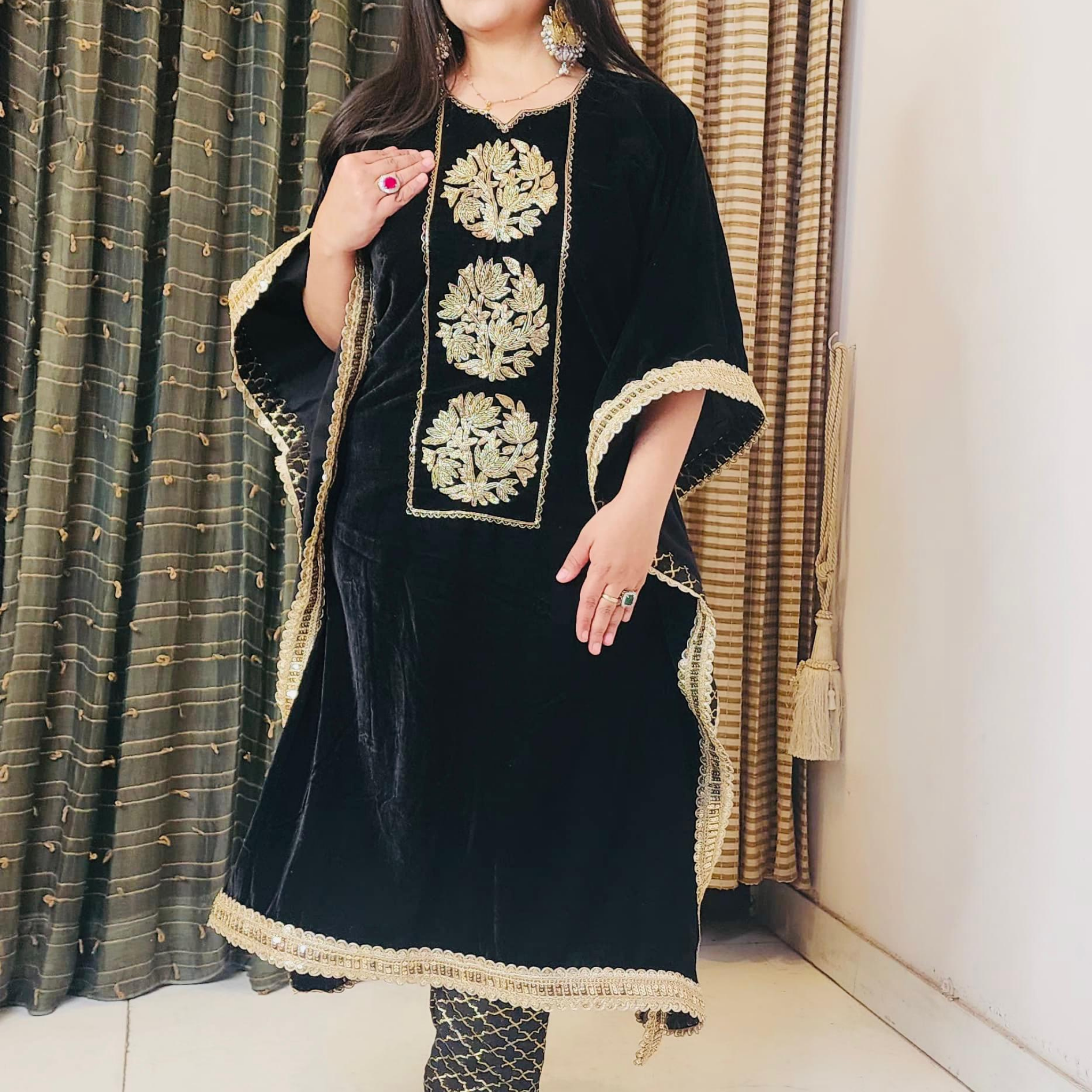 Black Velvet Embroidered  Kaftan Set