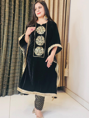 Black Velvet Embroidered  Kaftan Set