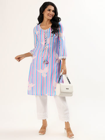 Pink & Blue stripes cum birds Cotton Kurta Set