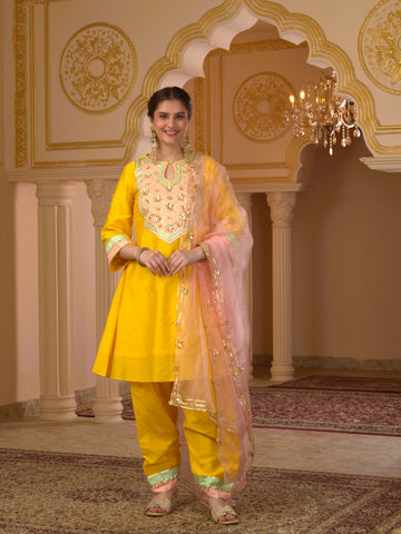 Suninspired bright Yellow A-shape Gota patti Mul Chanderi Suit set