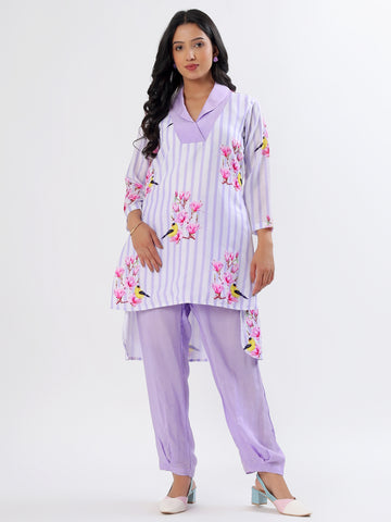 Lavender Stripes cum flowers magical wonderland Cotton Coord Set