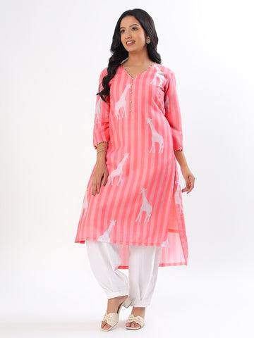 Peach Giraffe Cotton Kurta Set