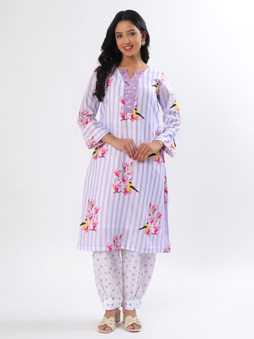 Lavender Stripes & Polka Cotton Kurta Set