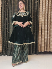 Bottle Green A Line Hand Embroidered Velvet Suit With Sharara