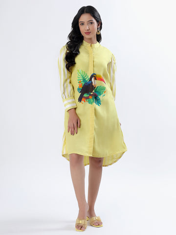 Yellow Toucan Cotton Linen Dress