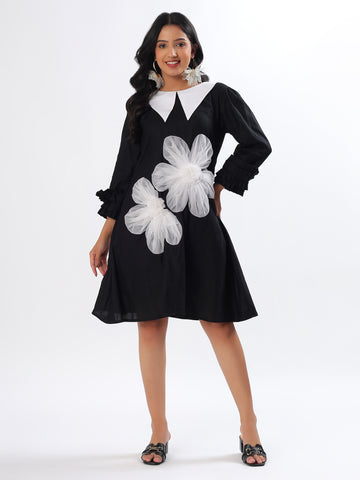 Black organza Flowers magic A-shape Cotton Dress
