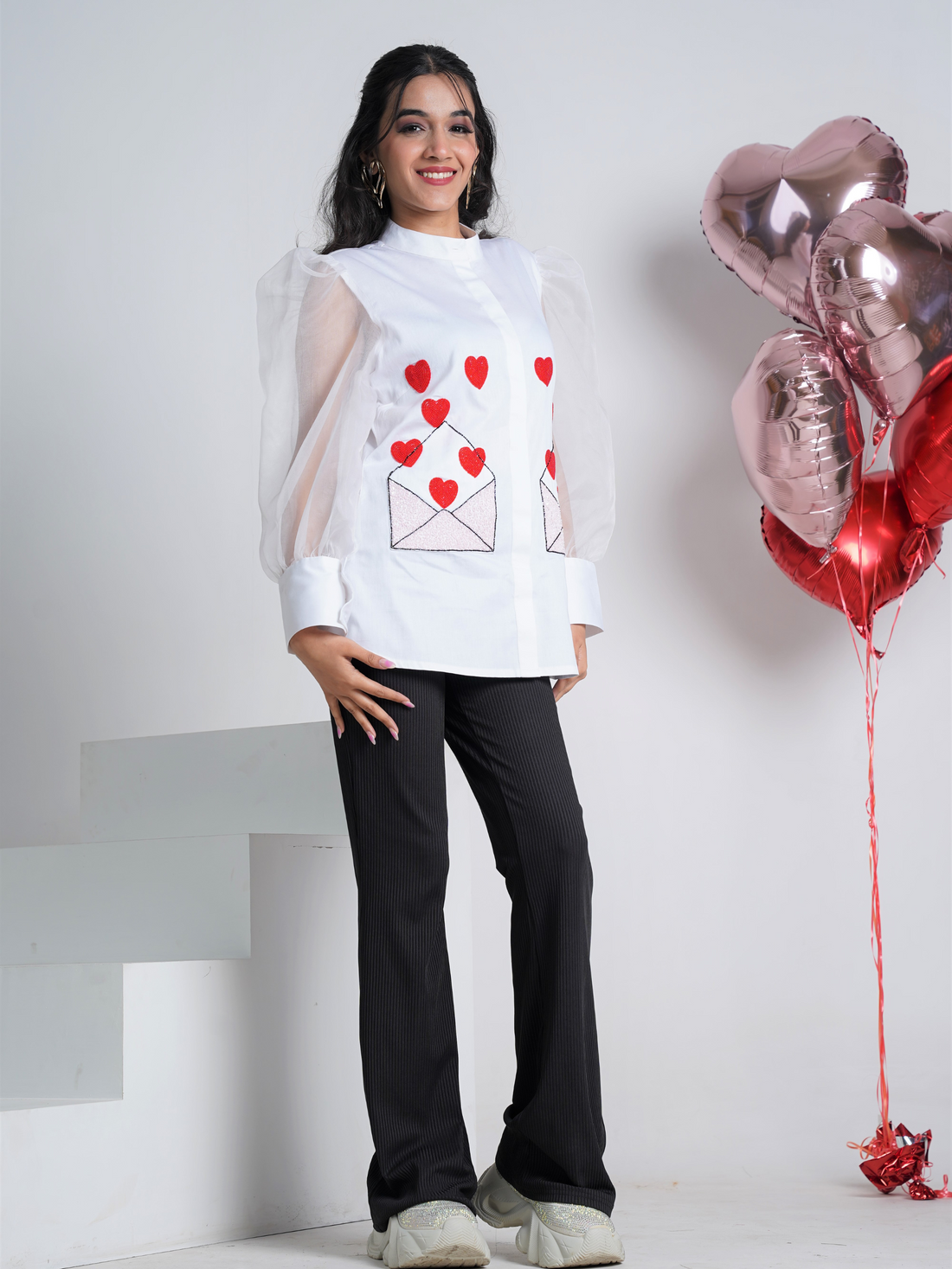 Envelope full of Hearts Embroidered Pure Cotton  White Shirt