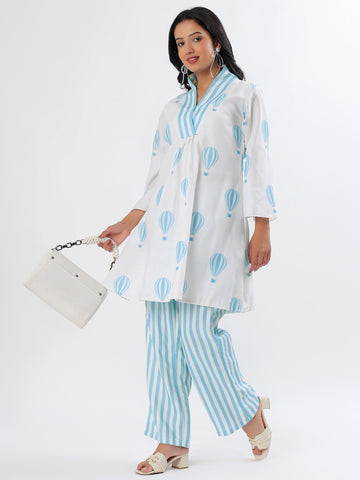 Whimsical White & Blue Hot Air Balloon A-shape Cotton Coord Set