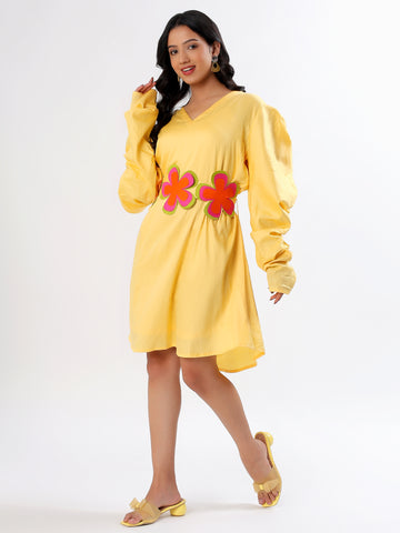 Sun Power A-shape Cotton Dress with Flowers on Belt