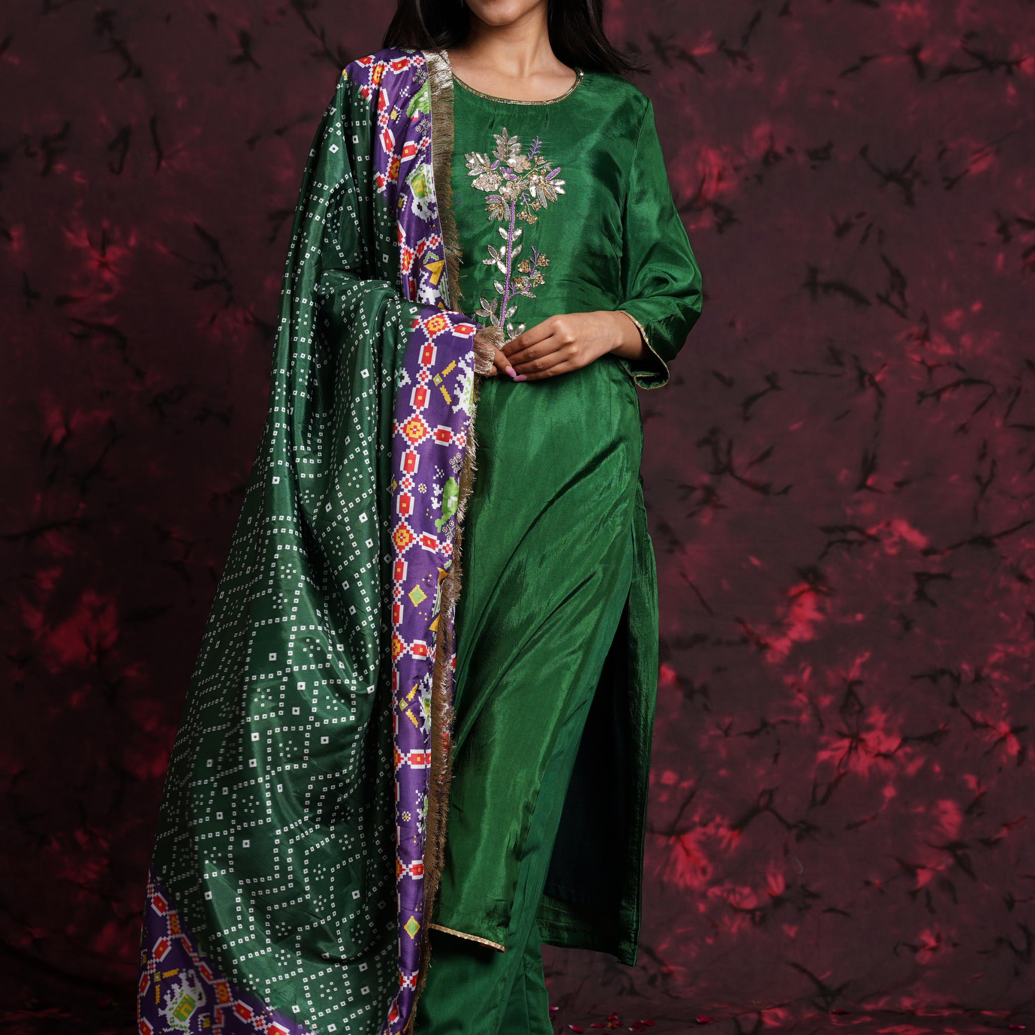 Bottle Green Hand Embroidered Silk Suit with Bandhani & Patola Dupatta
