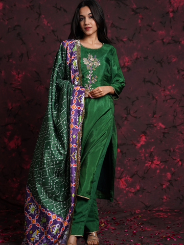 Bottle Green Hand Embroidered Silk Suit with Bandhani & Patola Dupatta