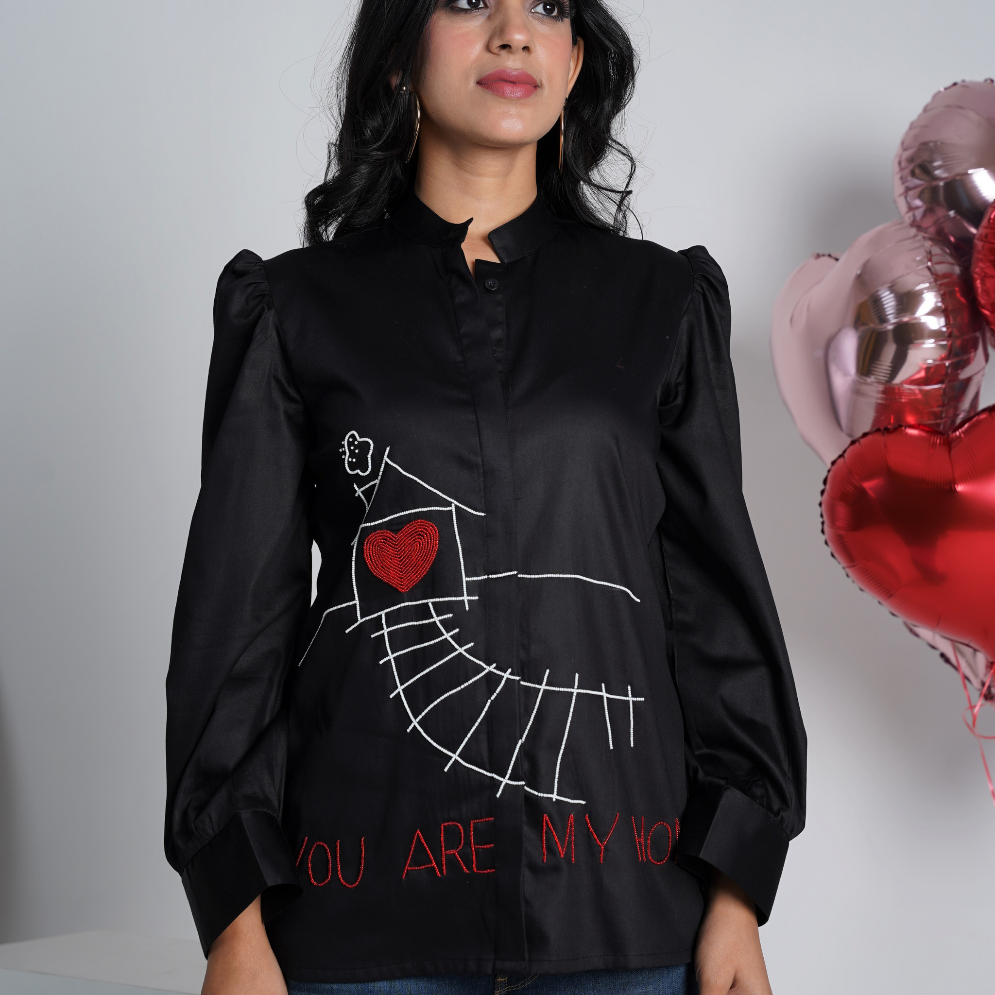 Black Hand Embroidered Pure Cotton Shirt