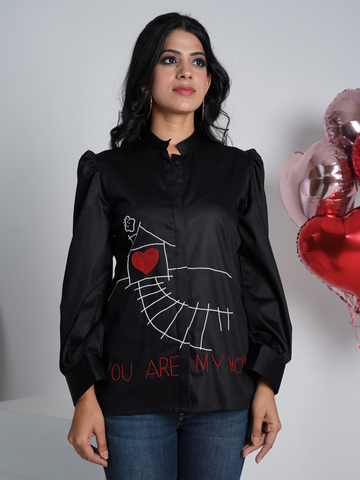 Black Hand Embroidered Pure Cotton Shirt