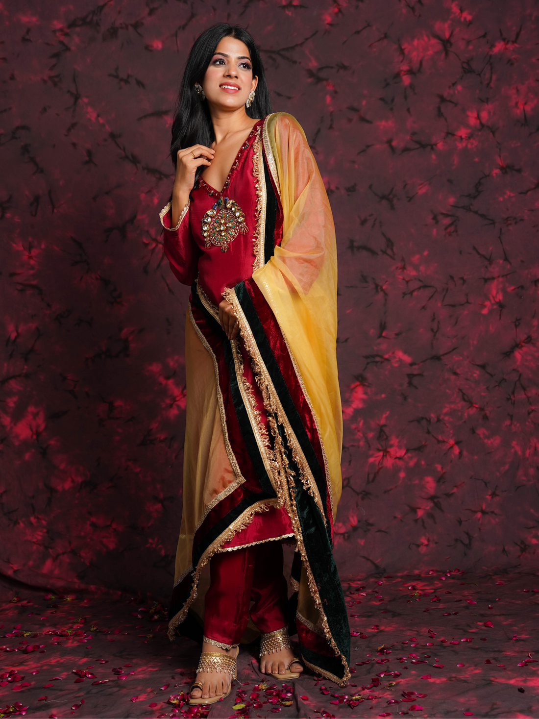 Jewels Maroon Hand Embroidered Silk Suit