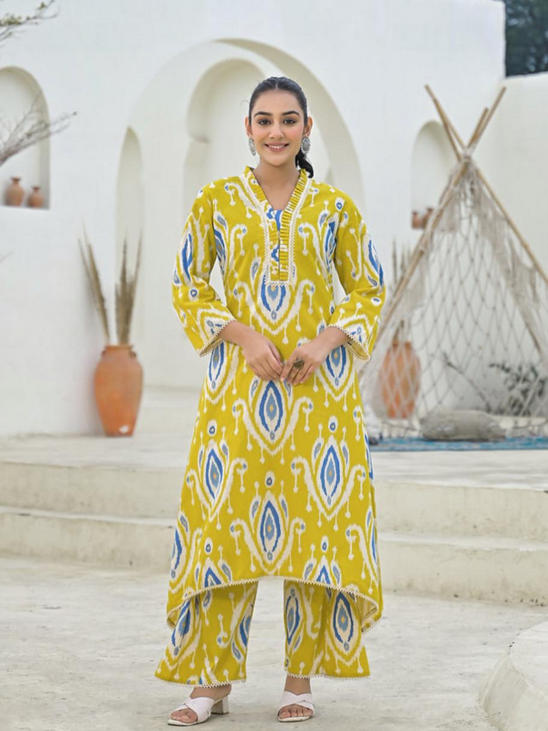 Cotton Asymmetric A-Line Co-ord Sets-Yellow
