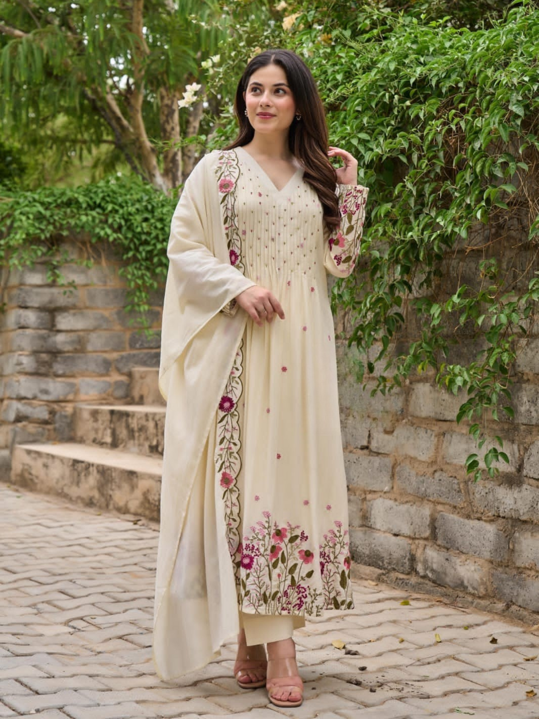 Premium Cream Mul Cotton A-Line Suits With Embroiderd
