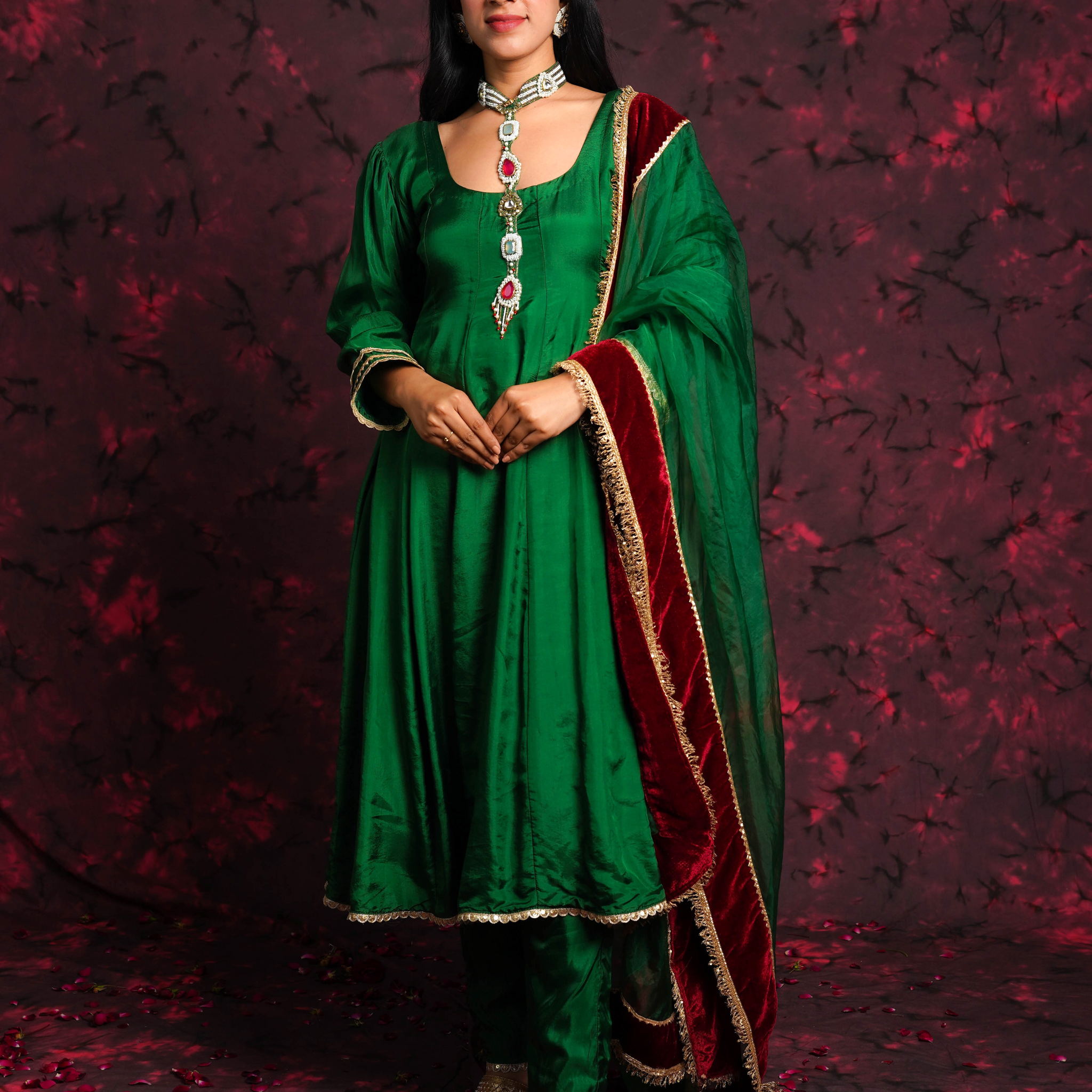 Choker style Green Hand Embroidered A-line kalidar Silk Suit Set