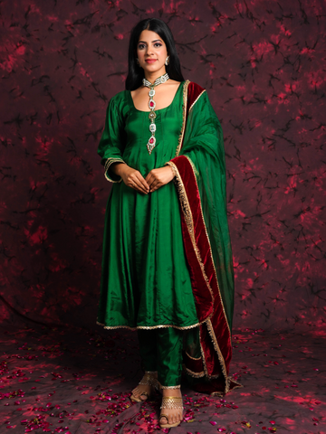 Choker style Green Hand Embroidered A-line kalidar Silk Suit Set