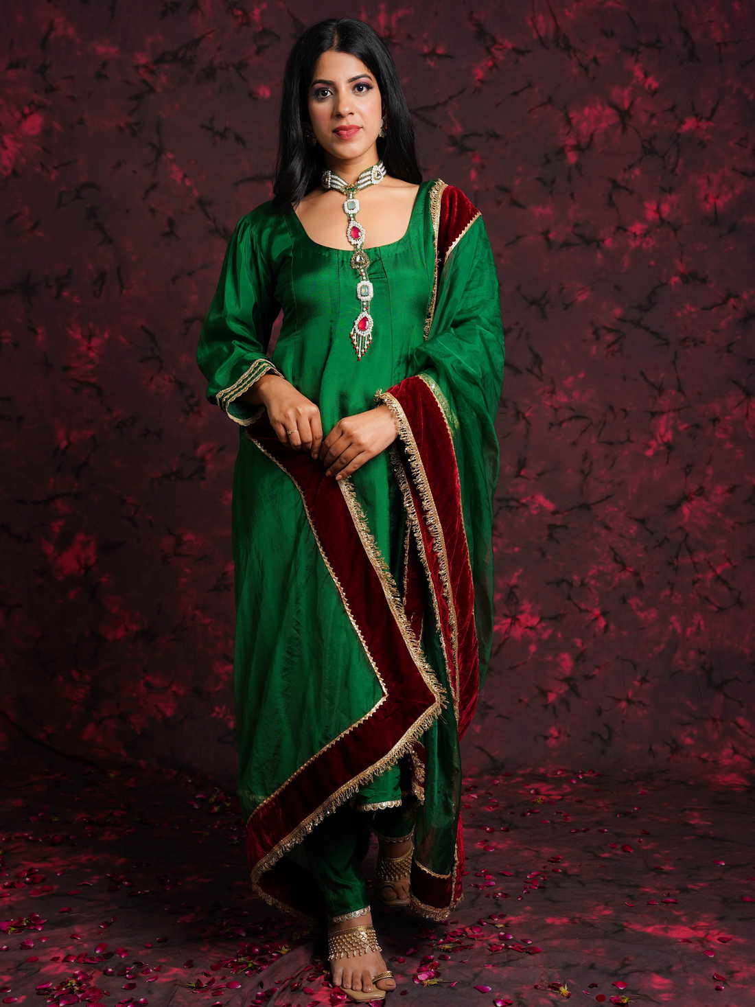 Choker style Green Hand Embroidered A-line kalidar Silk Suit Set