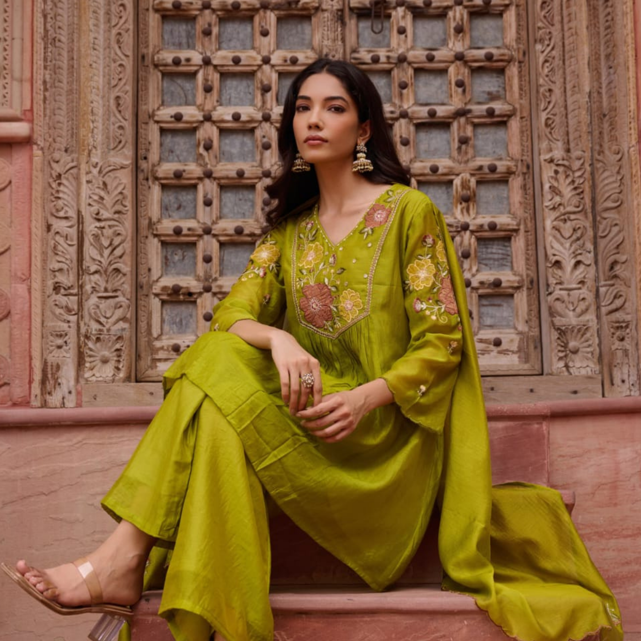 Premium Mehendi Green  Mul Chanderi 3pc suit set