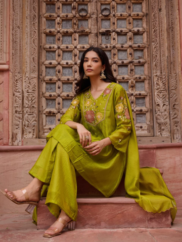 Premium Mehendi Green  Mul Chanderi 3pc suit set