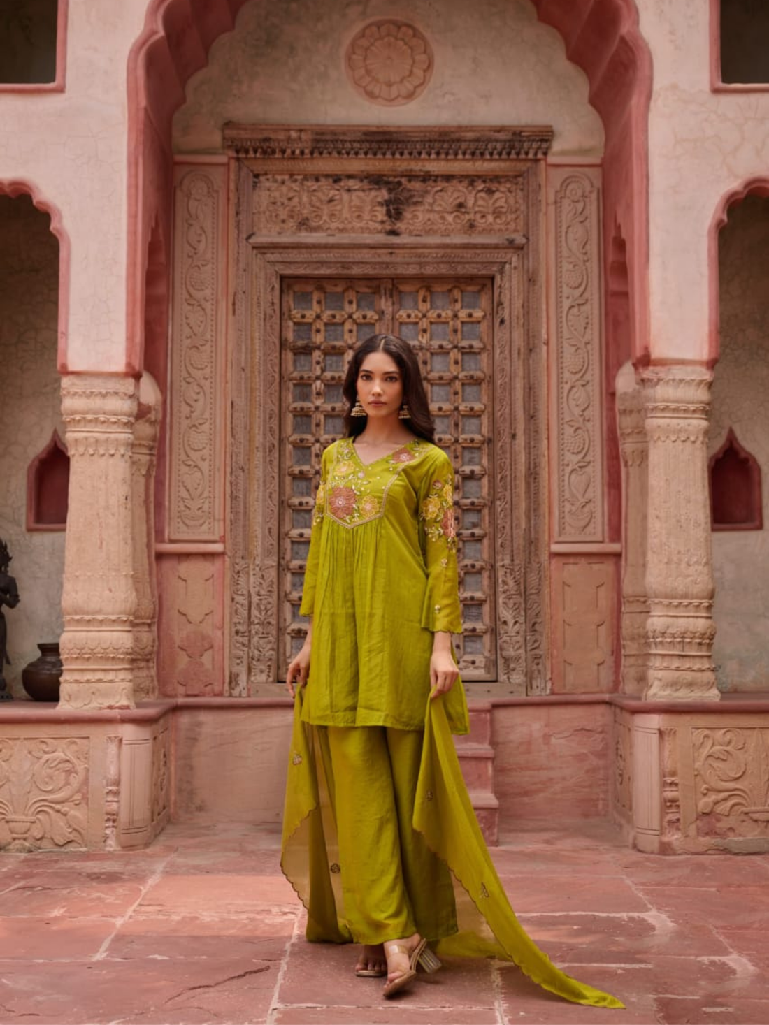 Premium Mehendi Green  Mul Chanderi 3pc suit set
