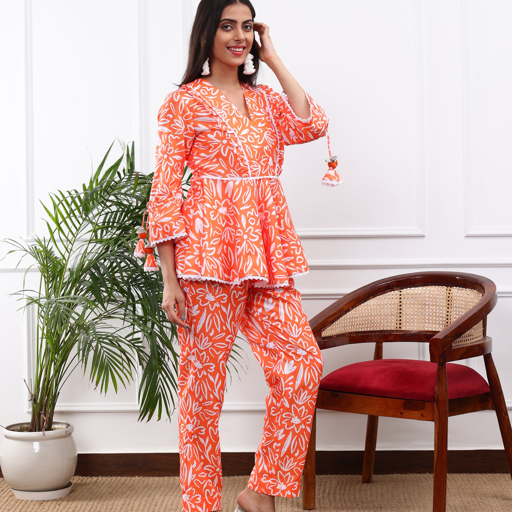 Linen Co-Ord Set in 
Tangerine Orange Print