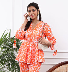 LINEN ORANGE FLORAL PRINT FIT & FLARE TOP