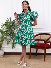 Cotton Linen Green & White Printed Shirt Dress With Ruffled Sleeves