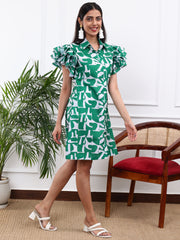 Cotton Linen Green & White Printed Shirt Dress With Ruffled Sleeves