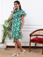 Cotton Linen Green & White Printed Shirt Dress With Ruffled Sleeves