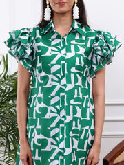 Cotton Linen Green & White Printed Shirt Dress With Ruffled Sleeves