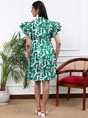 Cotton Linen Green & White Printed Shirt Dress With Ruffled Sleeves