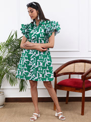 Cotton Linen Green & White Printed Shirt Dress With Ruffled Sleeves