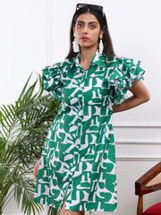 Cotton Linen Green & White Printed Shirt Dress With Ruffled Sleeves