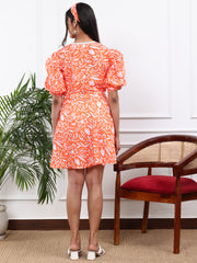 Linen Orange Printed Fit & Flare Dress