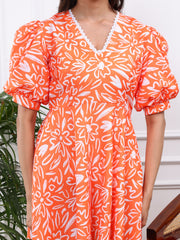 Linen Orange Printed Fit & Flare Dress