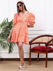 Linen Orange Printed Fit & Flare Dress