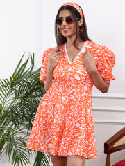 Linen Orange Printed Fit & Flare Dress