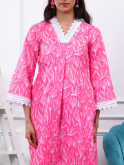 Cotton Linen Kurta Set Pink Print