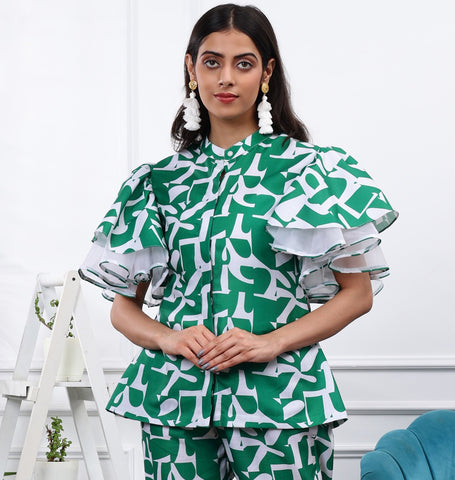 FOREST GREEN ABSTRACT PRINT TOP WITH RUFFLED SLEEVES