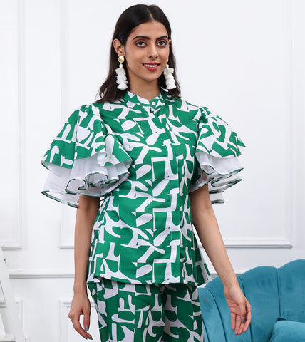 FOREST GREEN ABSTRACT PRINT TOP WITH RUFFLED SLEEVES