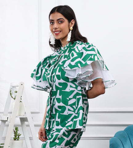 FOREST GREEN ABSTRACT PRINT TOP WITH RUFFLED SLEEVES