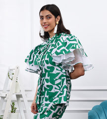 LINEN TOP IN FOREST GREEN ABSTRACT PRINT  WITH RUFFLED SLEEVES