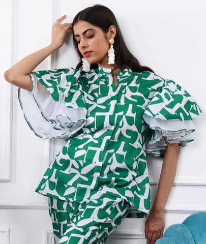 FOREST GREEN ABSTRACT PRINT TOP WITH RUFFLED SLEEVES