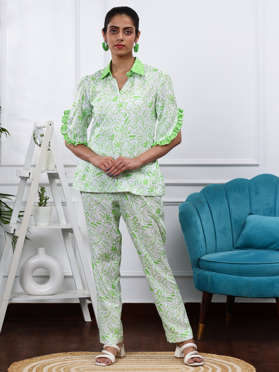 Linen White & Green Printed Co-ord Set