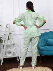 Linen White & Green Printed Co-ord Set