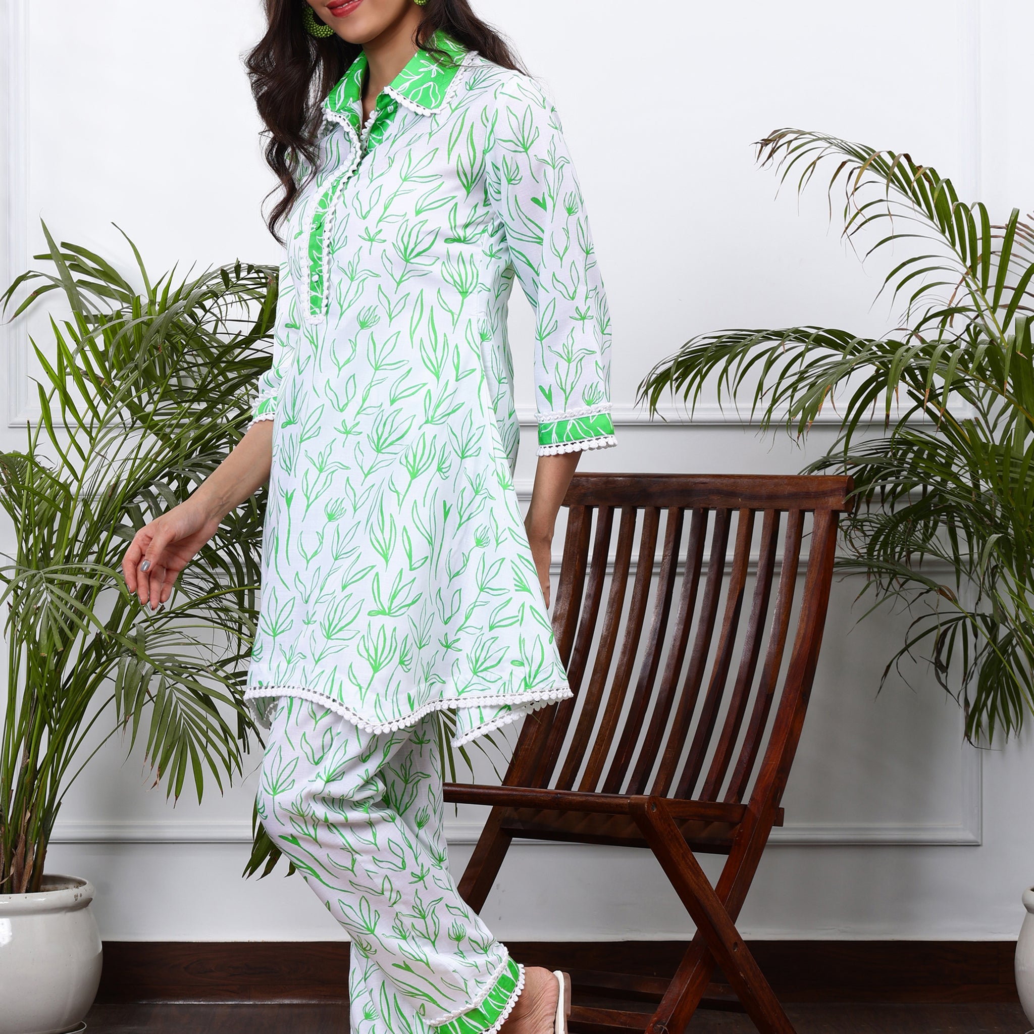 Linen Co-ords Set in White & Green Floral Print